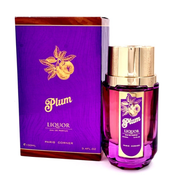 A purple and gold bottle of Paris Corner Plum Liquor 100ml EDP by Paris Corner sits beside its matching box, both adorned with plum artwork, highlighting the perfume’s fruity gourmand character.