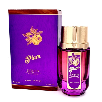 A purple and gold bottle of Paris Corner Plum Liquor 100ml EDP by Paris Corner sits beside its matching box, both adorned with plum artwork, highlighting the perfume’s fruity gourmand character.
