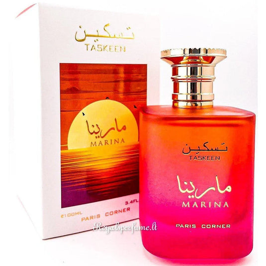 Red perfume bottle labeled "Paris Corner Taskeen Marina 100ml Eau De Parfum" next to its box featuring Arabic script and a sunset design, both labeled "Rio Perfumes.