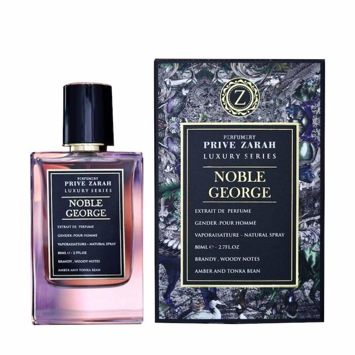 A bottle and box of Paris Corner Prive Zarah Noble George 80ml Extrait de Parfum, an elegant unisex fragrance with rich brandy, woody, amber, and tonka bean notes from Paris Corner.