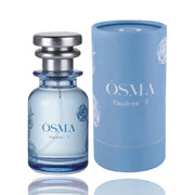 A blue glass bottle of Osma Perfumes Osma Paudree F 75ml EDP stands beside its matching blue cylindrical box, capturing the essence of rose and powdery musk.