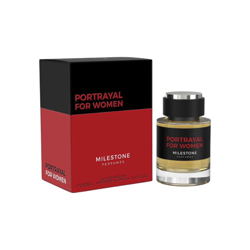 A bottle of Portrayal For Women by Milestone Perfumes 100ml Eau De Parfum is placed beside its black and red packaging box.