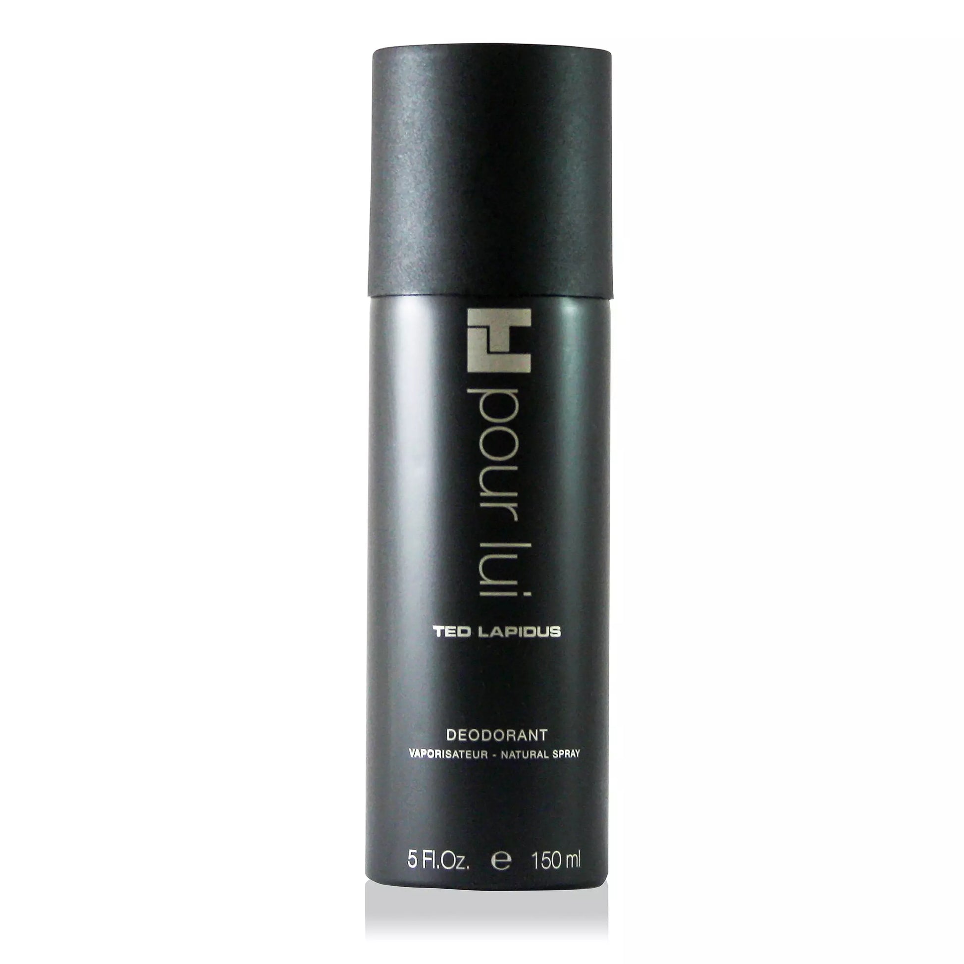 Ted Lapidus Pour Lui 150ml Deodorant Spray—a sleek black can with silver text and a black cap, this sophisticated men's fragrance is by Ted Lapidus.