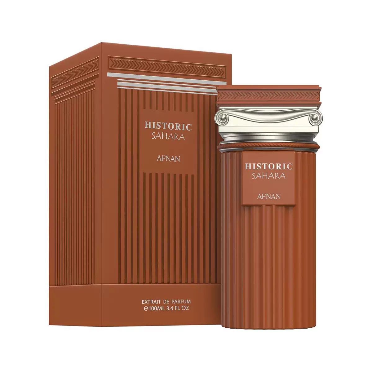 Afnan Historic Sahara 100ml Extrait de Parfum (inspired by Althair) by Afnan comes in a reddish-brown bottle and box with vertical grooves and silver accents—a luxurious unisex fragrance ideal for any collection.