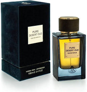 A bottle of Fragrance World Pure Dessert Oud 100ml EDP, a luxurious unisex scent, is displayed beside its dark blue and gold box with the Fragrance World branding.