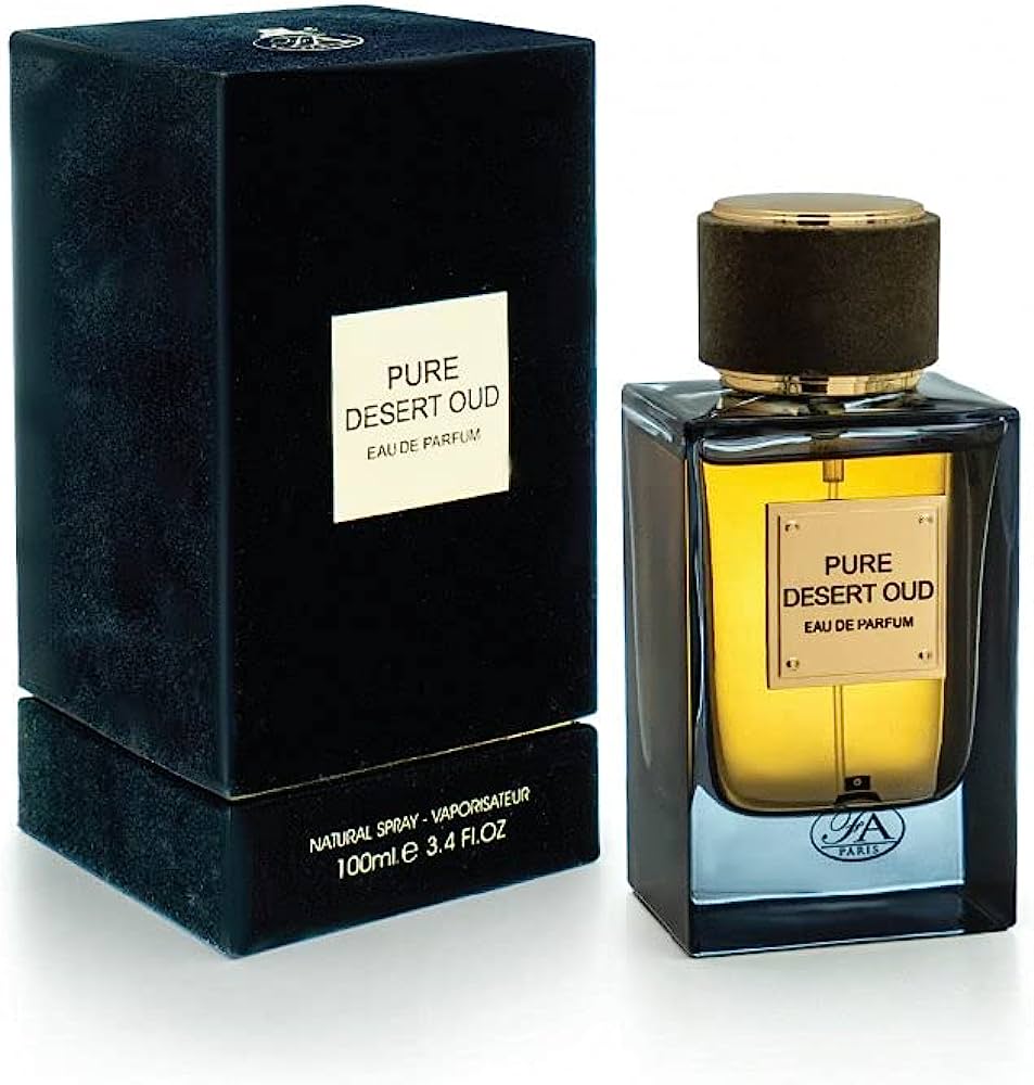 A bottle of Fragrance World Pure Dessert Oud 100ml EDP, a luxurious unisex scent, is displayed beside its dark blue and gold box with the Fragrance World branding.