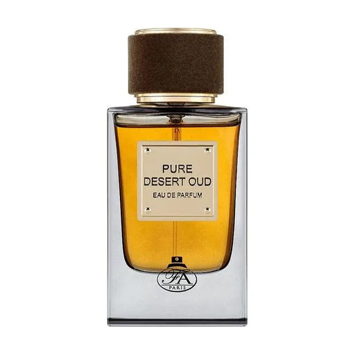 Fragrance World Pure Dessert Oud 100ml EDP features a rectangular glass bottle with amber liquid and a brown cap, capturing the rich essence of classic Middle Eastern scent in a unisex perfume.