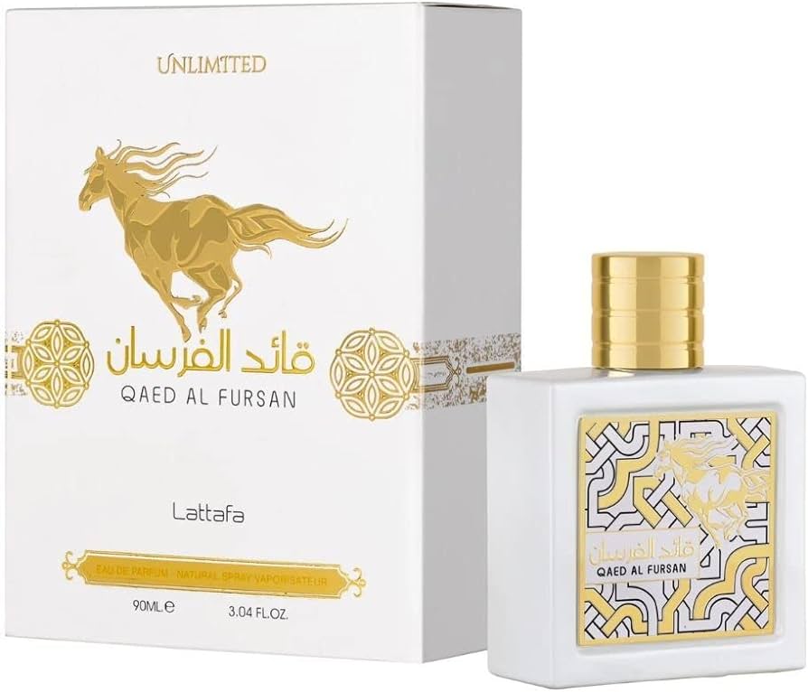 The Lattafa Qaed Al Fursan Unlimited 90ml Eau de Parfum by Dubai Perfumes has a predominantly white box labeled "Qaed Al Fursan" with elegant gold accents and a gold horse illustration. The white bottle features a luxurious gold cap, offering a captivating fragrance for both men and women.