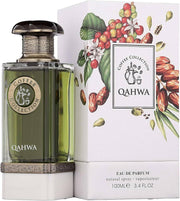 The Fragrance World Coffee Collection Qahwa 100ml EDP is displayed beside its box, adorned with coffee plant illustrations. This unisex fragrance by Fragrance World features a captivating coffee scent.