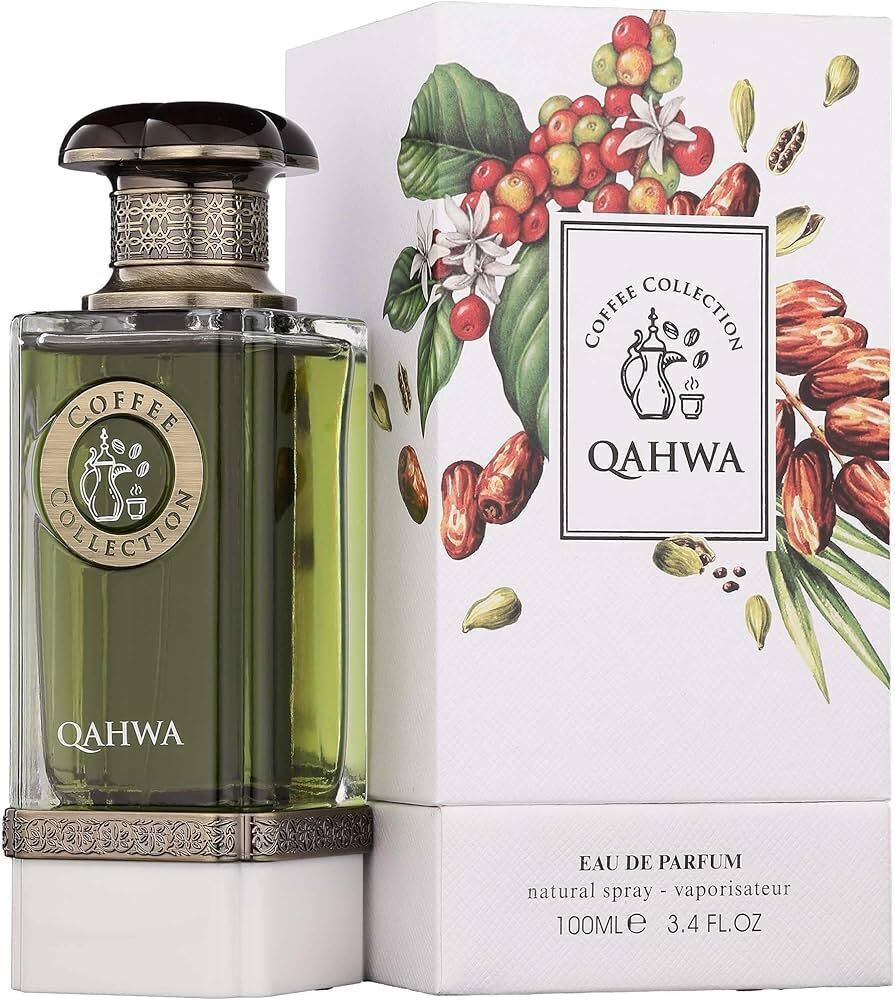 The Fragrance World Coffee Collection Qahwa 100ml EDP is displayed beside its box, adorned with coffee plant illustrations. This unisex fragrance by Fragrance World features a captivating coffee scent.