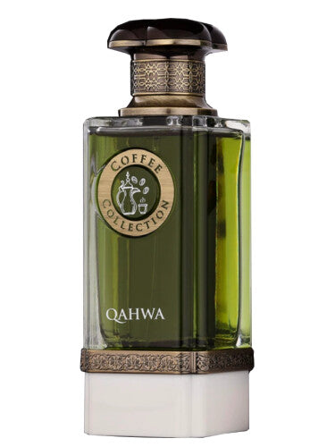 The Fragrance World Coffee Collection Qahwa 100ml EDP is a unisex perfume in a glass bottle with green liquid and ornate gold and black accents, capturing the rich allure of coffee.