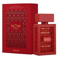 Red Dubai Perfumes perfume bottle with intricate lattice design next to its matching packaging box labeled "Lattafa Rave Now Rouge.
