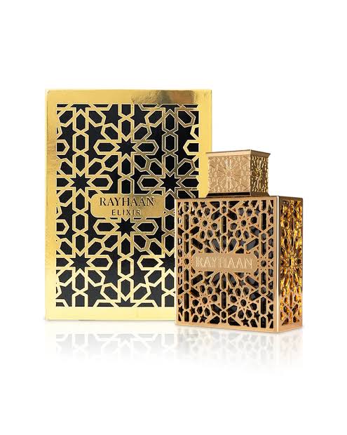 A gold and black bottle of Rayhaan Elixir 100ml EDP by Rayhaan, featuring intricate geometric patterns, is presented alongside its matching decorative box, highlighting the unisex fragrance’s refined elegance and alluring Oriental Woody scent.