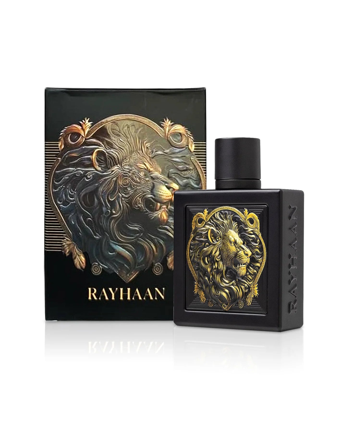 A black Rayhaan Lion For Him 100ml EDP bottle and its box, both adorned with an ornate gold lion head and decorative accents, showcase the sophisticated men’s fragrance by Rayhaan.