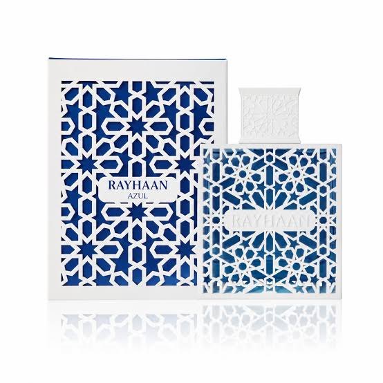 A bottle and box of Rayhaan Azul 100ml EDP by Rayhaan, adorned with a striking blue and white geometric pattern and the product name elegantly centered on both, exude sophistication complemented by subtle sandalwood notes.