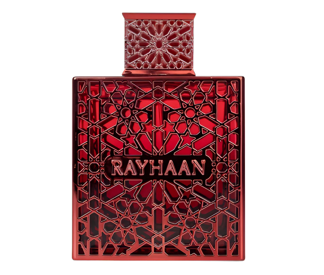 A red, rectangular Rayhaan Crimson 100ml EDP bottle from Rayhaan is adorned with an intricate geometric lattice design on both the front and the cap, perfectly reflecting this warm and spicy men’s fragrance.