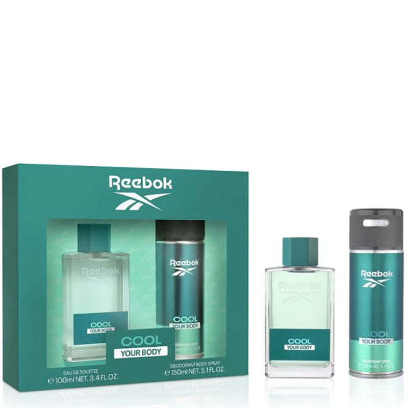 The Reebok Cool Your Body set for men features a 100ml Eau de Toilette and a 150ml deodorant, elegantly packaged with a green theme.