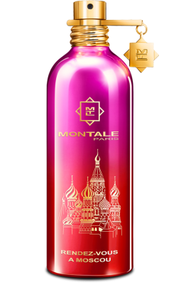 A bottle of Montale Paris Rendez-vouz à Moscow 100ml perfume with a pink bottle and a gold logo from Montale Paris.