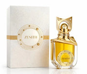 A gold and clear bottle labeled “Riiffs Perfumes Zenith 100ml Extrait De Parfum” stands beside a white and gold textured box featuring matching circular gold accents, both elegantly showcasing this luxurious unisex fragrance from Riiffs Perfumes.