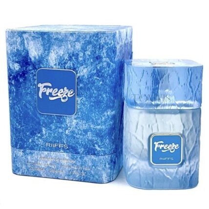 A blue box and matching bottle labeled “Freeze” by Riiffs Perfumes, featuring an icy, textured design, are placed side by side. Riiffs Freeze 100ml Extrait de Parfum delights the senses with its refreshing floral fruity fragrance.