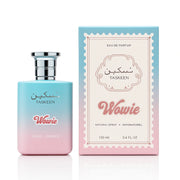 A bottle and box of Paris Corner Taskeen Wowie 100ml EDP, a unisex fragrance featuring a blue and pink gradient design with a decorative label.