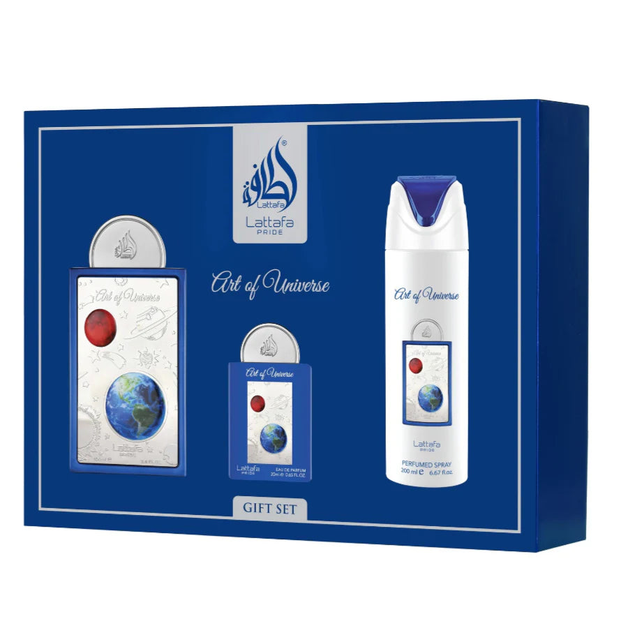 The Lataffa Art of Universe 100ml EDP Gift Set includes Eau De Parfum, deodorant spray, and mini perfume in a blue box with planetary designs—a perfect unisex fragrance gift.