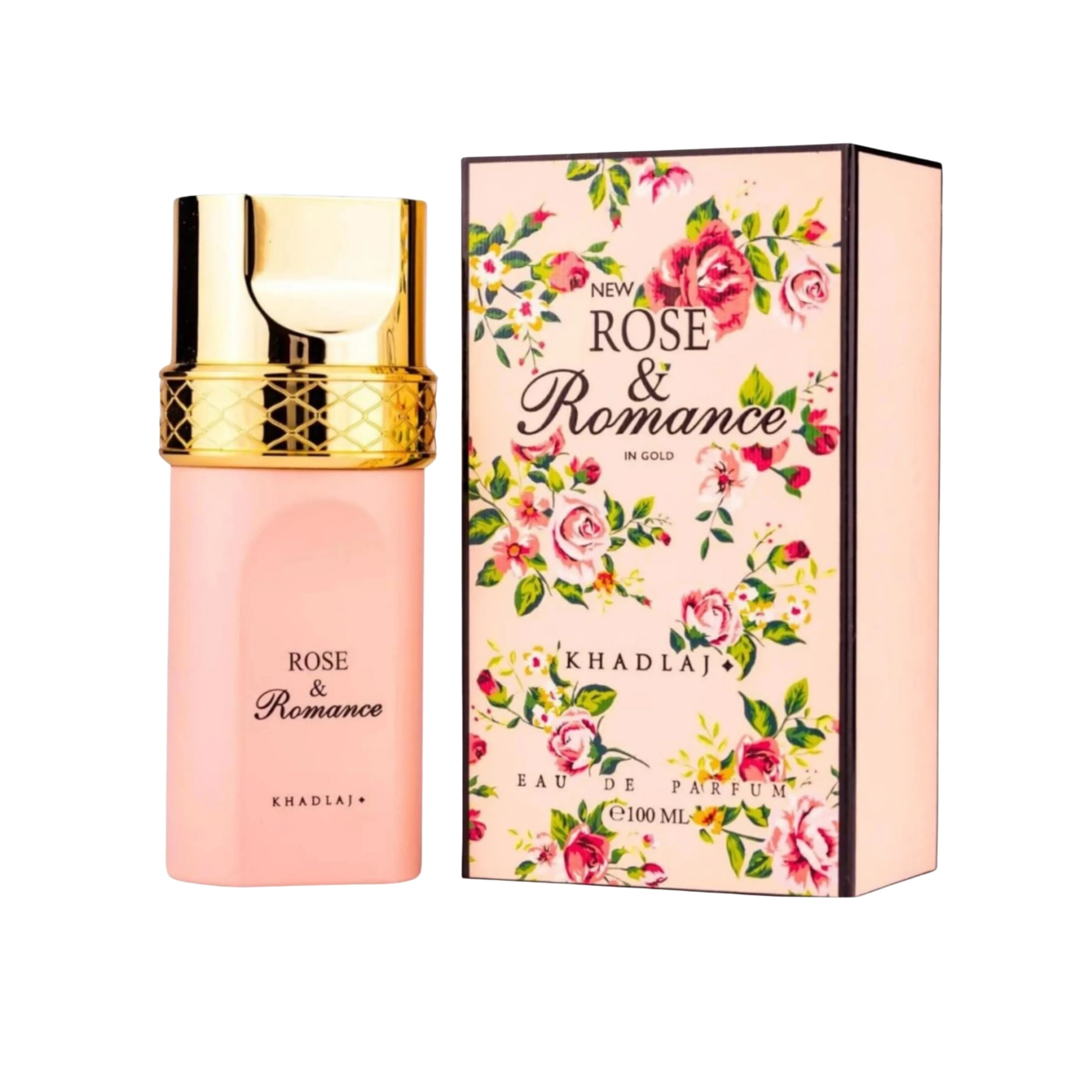 A pink and gold Khadlaj Rose and Romance 100ml Eau de Parfum bottle stands beside its floral-patterned box, both highlighting this luxurious unisex fragrance from Khadlaj.
