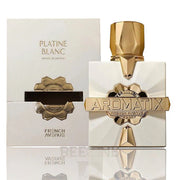 A white and gold bottle of French Avenue Platine Blanc by Aromatix X 100ml EDP from Lattafa is displayed beside its matching box.