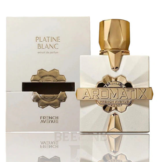 A white and gold bottle of French Avenue Platine Blanc by Aromatix X 100ml EDP from Lattafa is displayed beside its matching box.