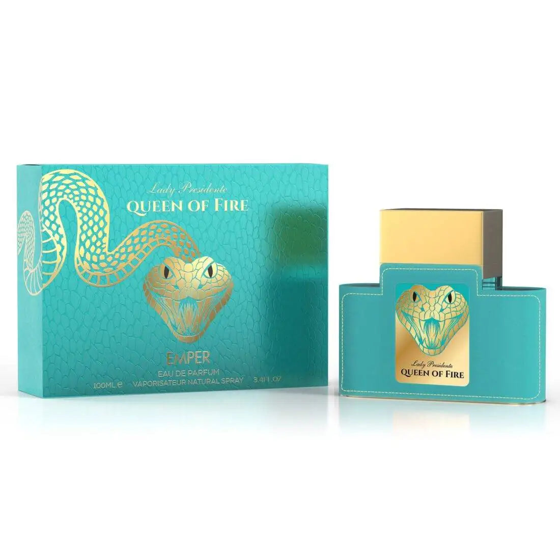 An Emper Lady Presidente Queen Of Fire 80ml EDP unisex perfume features a turquoise and gold box, gold-capped bottle with snake design, and "Queen of Fire" label.
