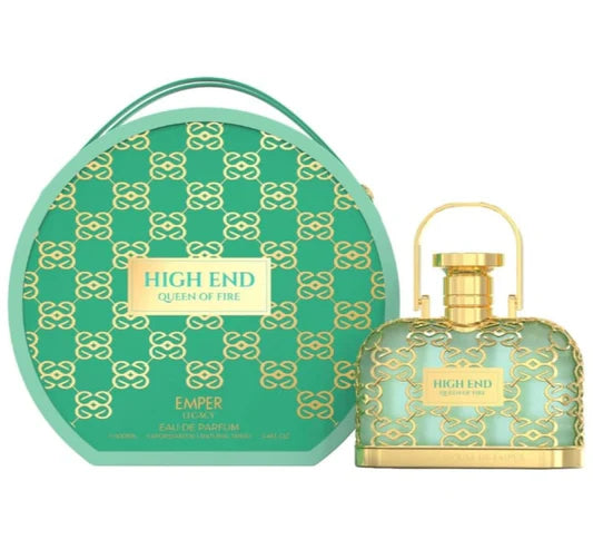 A green and gold Emper High End Queen of Fire 100ml EDP perfume bottle sits beside its matching geometric box, offering a bold unisex fragrance.