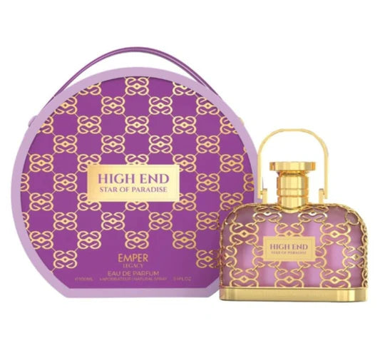 A purple and gold Emper High End Star of Paradise 100ml EDP unisex perfume bottle is shown beside its matching round, geometric-patterned box from Emper.