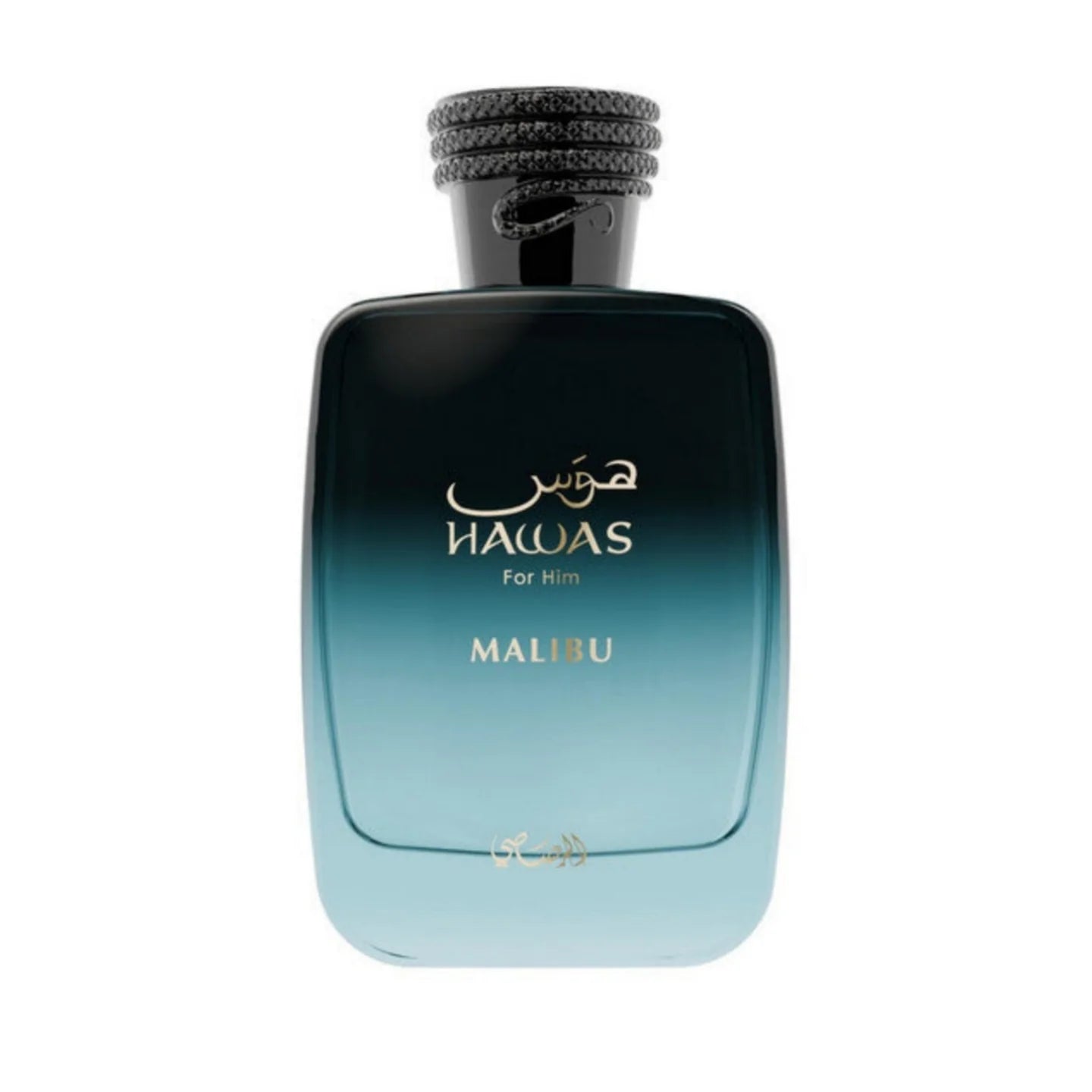 Rasasi Hawas Malibu 100ml Eau De Parfum is a men’s fragrance in a gradient blue bottle with a black cap and gold accents, offering a refreshing scent by Rasasi.