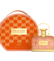 A round orange and gold Emper High End Delious Peach 100ml EDP box sits beside a matching gold-accented pink unisex perfume bottle with a refreshing peach scent by Emper.