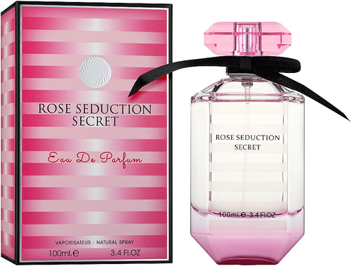 A bottle of Fragrance World Rose Seduction Secret 100ml Eau De Parfum unisex fragrance next to its pink and white striped packaging box.