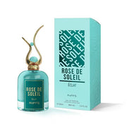 A teal bottle of Abercrombie & Fitch Riiffs Rose de Soleil Éclat 100ml EDP perfume for women is displayed alongside its matching rectangular box featuring product branding, capturing the essence of this floral fruity fragrance.