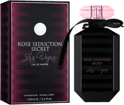 A bottle and box of Fragrance World Rose Seduction Secret Las Vegas 100ml EDP, featuring a black and pink design with a ribbon on the neck.