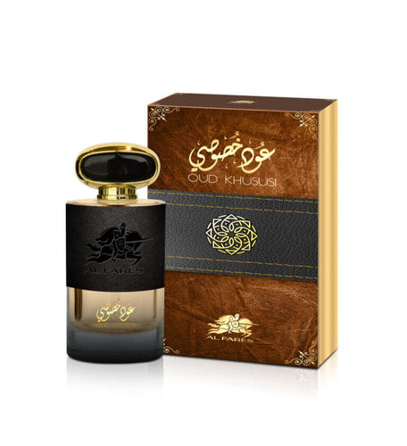A bottle of Ard Al Zaafaran Al Fares Oud Khususi 80ml Eau De Parfum, with a box next to it.