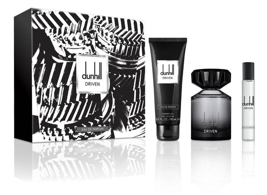 A black and white Dunhill gift set with a bottle of men's fragrance, Dunhill Driven 100ml Eau De Parfum Gift Set.