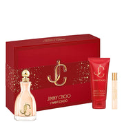 A red Jimmy Choo I Want Choo 100ml Eau De Parfum Gift Set box with an Eau De Parfum bottle, body lotion, and travel spray displayed in front.