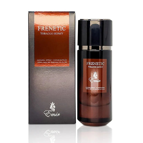 A bottle of Emir Frenetic Tobacco Honey 100ml Eau De Parfum next to a box.