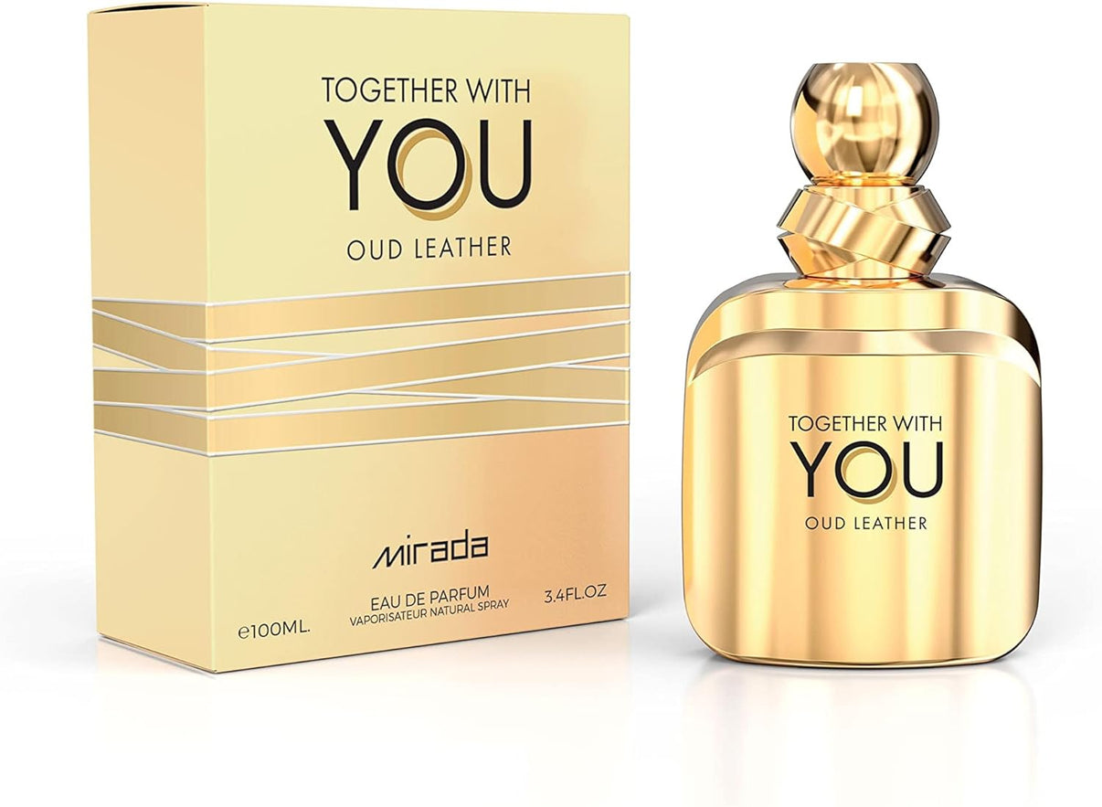 Mirada Together with You Oud Leather 100ml Eau De Parfum comes in a gold bottle with a matching box, offering a luxurious scent for both men and women.