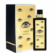 A bottle of Paris Corner Marjan Eau De Parfum by Rio Perfumes next to its packaging, both adorned with an eye motif design.