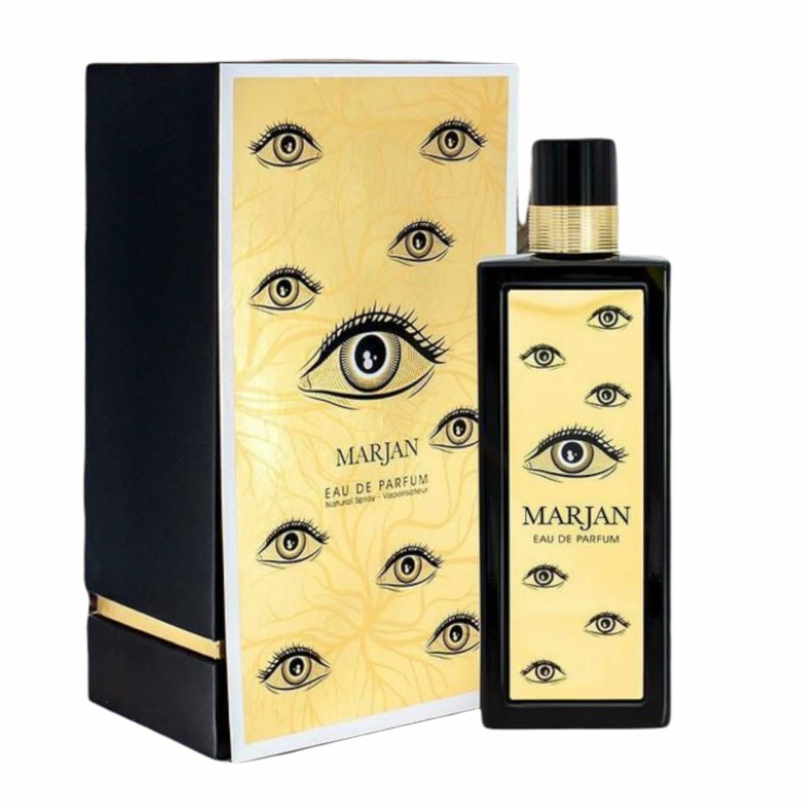 A bottle of Paris Corner Marjan Eau De Parfum by Rio Perfumes next to its packaging, both adorned with an eye motif design.