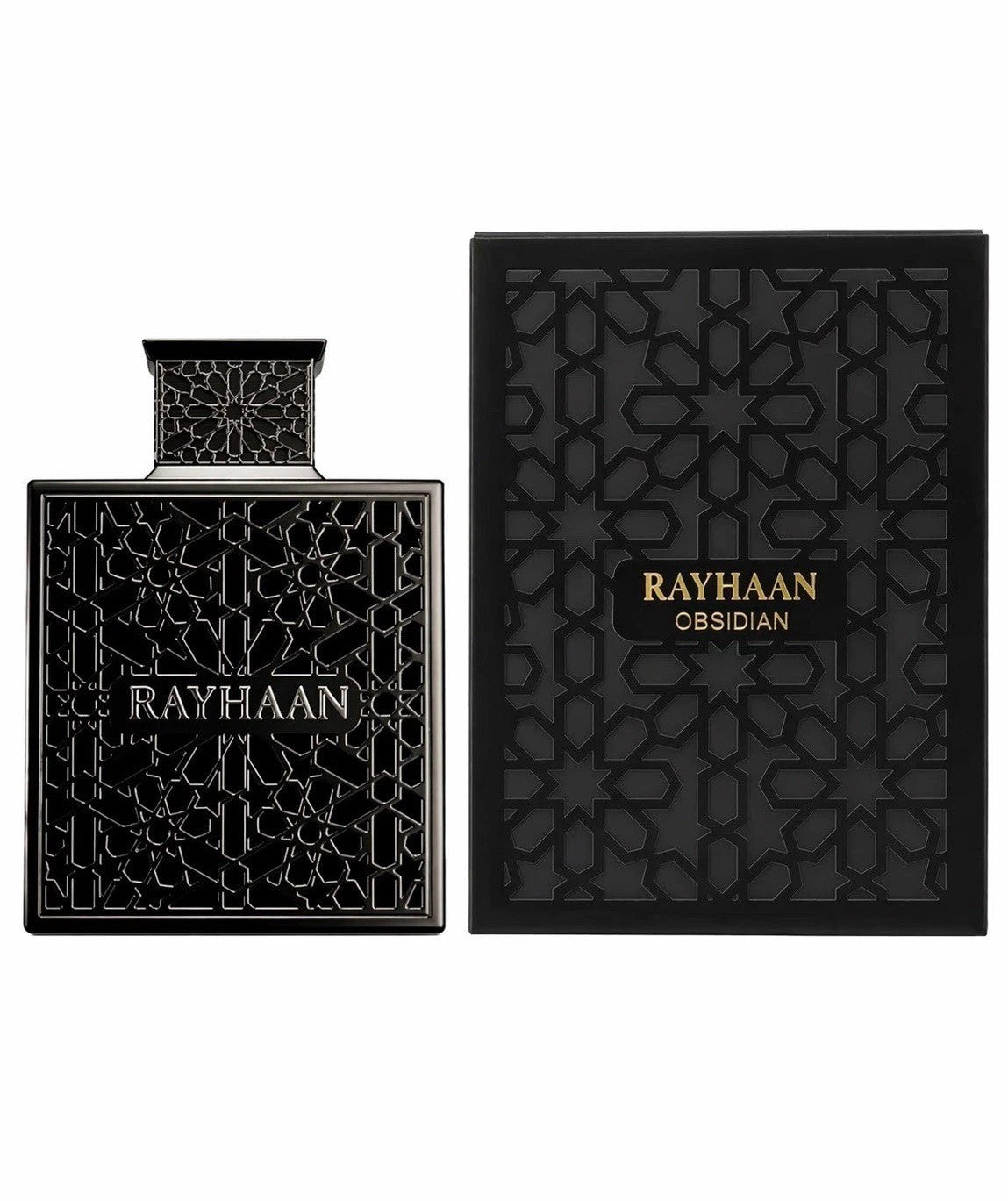 A black Rayhaan Obsidian 100ml EDP bottle featuring geometric patterns is displayed alongside its coordinating black patterned box, perfectly capturing the sophisticated allure of this woody men’s fragrance from Rayhaan.