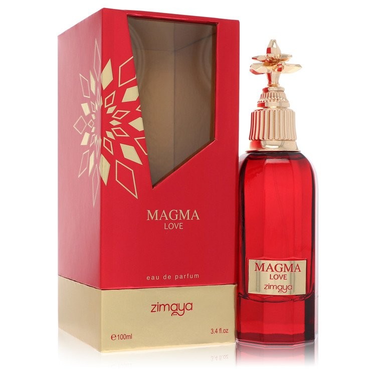 A red and gold box labeled "Zimaya Magma Love 100ml EDP" stands beside a matching red perfume bottle with a gold cap and flower-shaped top, featuring a floral fruity fragrance by Zimaya.