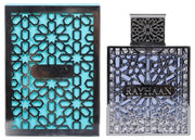 The Rayhaan Aquatica 100ml EDP by Rayhaan comes in a bottle and box with intricate geometric patterns, metallic finish, and blue accents—reflecting the fragrance’s elegance.