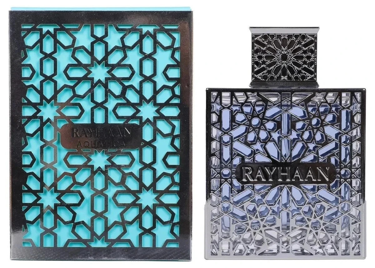 The Rayhaan Aquatica 100ml EDP by Rayhaan comes in a bottle and box with intricate geometric patterns, metallic finish, and blue accents—reflecting the fragrance’s elegance.