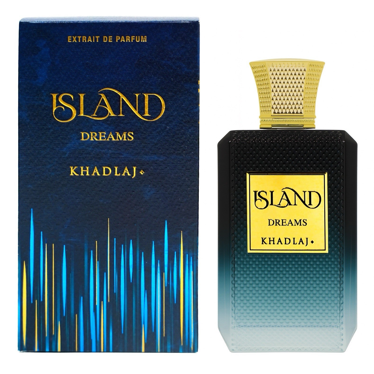 A rectangular bottle of Khadlaj Island Dreams 100ml Extrait de Parfum stands next to its blue and yellow retail box.