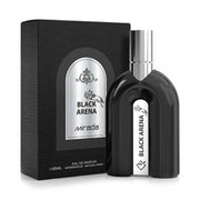 A black and silver bottle of Mirada Black Arena 85ml EDP by Mirada is displayed beside its matching black box packaging, ideal for those who enjoy a refined Chypre Fruity fragrance.